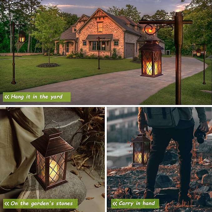 Outdoor Solar Lanterns, Waterproof Hanging Lantern with LED Flickering Flameless Candle, 13'' Bronze Outdoor Solar Powered Lantern Decor for Porch Patio Garden Balcony Pathway, 2 Pack
