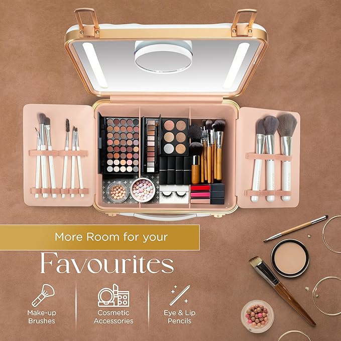 Lighted Makeup Case with Mirror - Portable Travel Makeup Organizer with LED Mirror, 3 Light Settings, Rechargeable Makeup Bag with Mirror and Light - Mini 10x Mirror included