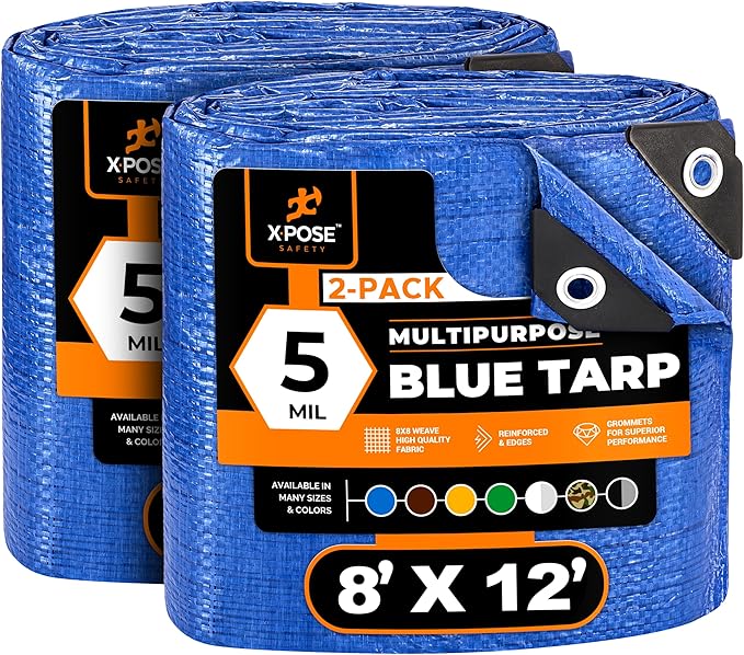 Better Blue Poly Tarp 8' x 12' (2-Pack) - Multipurpose Protective Cover - Lightweight, Durable, Waterproof, Weather Proof - 5 Mil Thick Polyethylene - by Xpose Safety