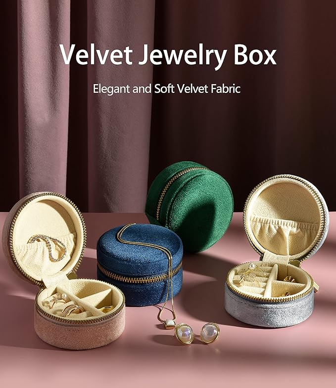 TAIMY Plush Velvet Travel Jewelry Box, Round Mini Travel Jewelry Case for Women Girls, Portable Mini Jewelry Travel Organizer Boxes for Rings Earrings Necklaces Bracelets(Ocean Blue)