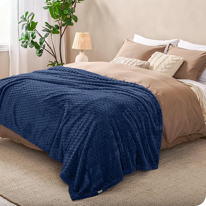 Bare Home Textured Fleece Blanket - Throw/Travel - Ultra-Soft Lightweight for Bed, Sofa, and Couch - Luxury Microplush - Cozy Warm Blanket (Throw/Travel, Waffle Dark Blue)