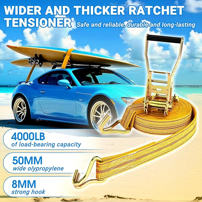 2Pack Ratchet Straps Heavy Duty, 2” 32Ft Tie Down Straps Ratchet, Tie Down Ratcheting with Double J Hook, 4000 LB Break Strength Cargo Strap Ratcheting for Moving, Trailers, Motorcycles and Car Roof