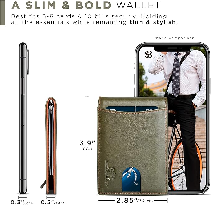SERMAN BRANDS RFID Blocking Slim Bifold Genuine Leather Minimalist Front Pocket Wallets for Men with Money Clip Thin Mens