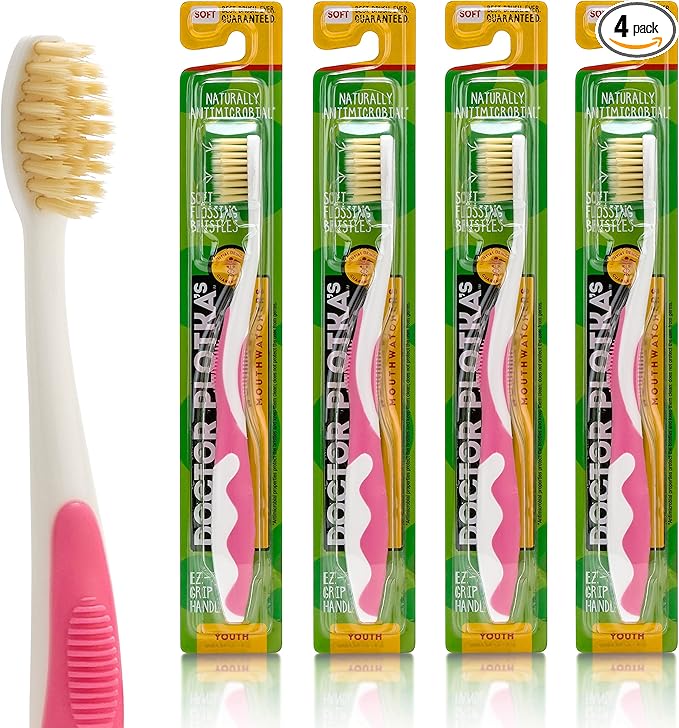 MOUTHWATCHERS Soft Childrens Flossing Manual Toothbrush, Value Pack of 4, Pink Toothbrushes for Kids & Teens, Ultra Clean, by Dr. Plotka's