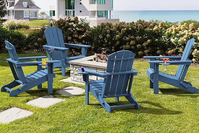 SERWALL Folding Adirondack Chair, HDPE Adirondack Chairs Set of 4, Plastic Outdoor Chairs- Looks Exactly Like Real Wood- Navy