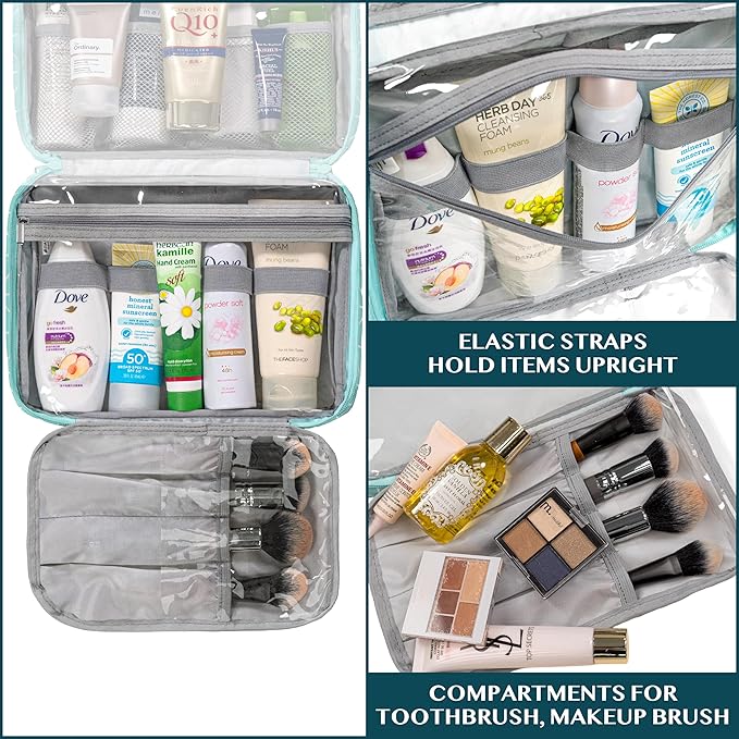 PAVILIA Hanging Toiletry Bag Women Men, Foldable Cosmetic Organizer Travel Bag, Water Resistant Makeup Bag Toiletries, Large Travel Essentials Kit (Teal Chevron)