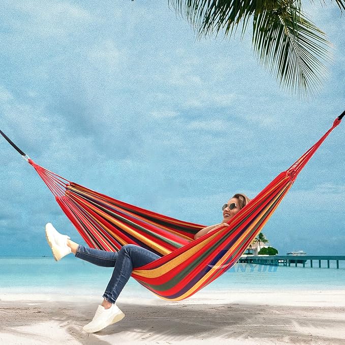 ANYOO Cotton Hammock Portable Camping Hammocks for Hanging Sturdy Garden Comfortable Fabric Hammock with Tree Straps Up to 660lbs with Travel Bag for Camping Outdoor/Indoor Patio Backyard