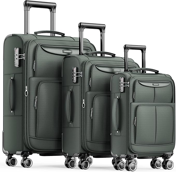 SHOWKOO Luggage Sets 3 Piece Softside Expandable Lightweight Durable Suitcase Sets Double Spinner Wheels TSA Lock Armygreen (20in/24in/28in)
