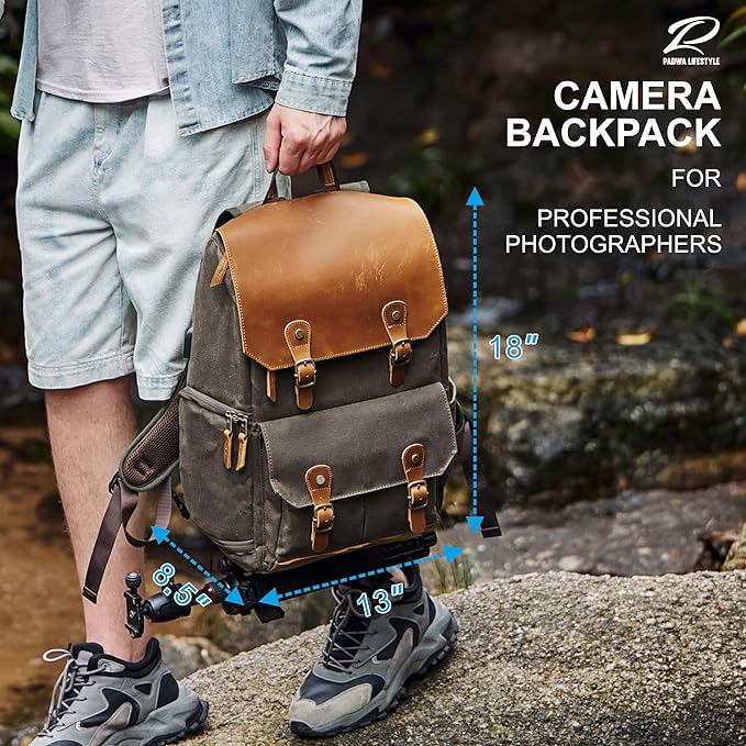 Padwa Lifestyle Coffee Camera Backpack - Waxed Memory Weather Resistant Canvas Camera Backpacks for Photographers,Multi DSLR SLR Camera Bag with 16” Laptop & Lens Compartment and Tripod Holder