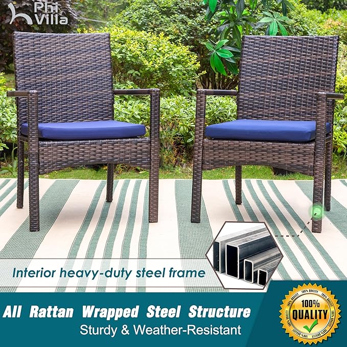 PHI VILLA Patio Wicker Chair Set of 2, Outdoor Modern PE Rattan Armchair with Removable Cushions for Deck, Porch, Balcony