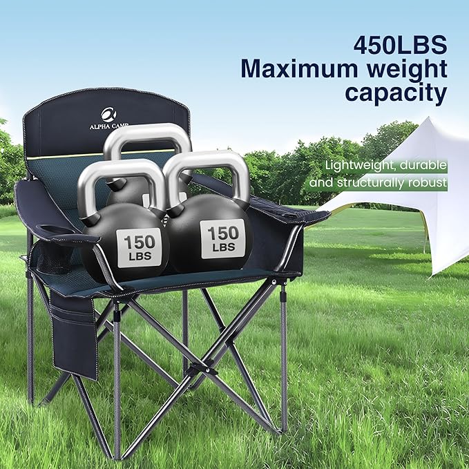 HIGH POINT SPORTS Oversized Camping Folding Chair, Heavy Duty Portable Outdoor Chair, Foldable Camp Chair with Cup Holder and Cooler Bag Support 450 LBS, 2 Pack, Green