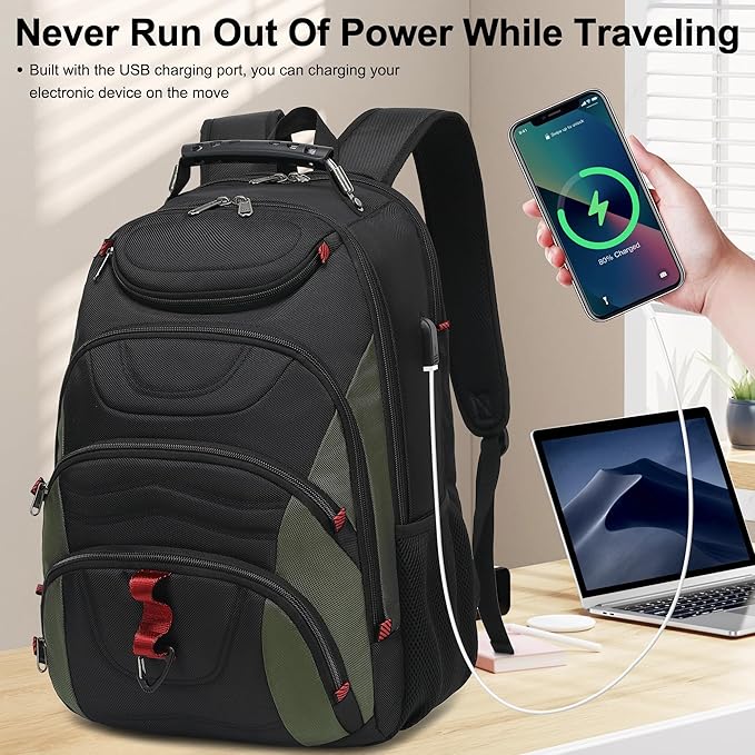 Boavan Laptop Backpack for men, 17.3 inch Laptop Bag with USB Port, Waterproof Travel Work Backpack Purse, Anti-Theft Teacher Nurse Doctor Casual Bookbags Office Business backpack，Black&Army Green