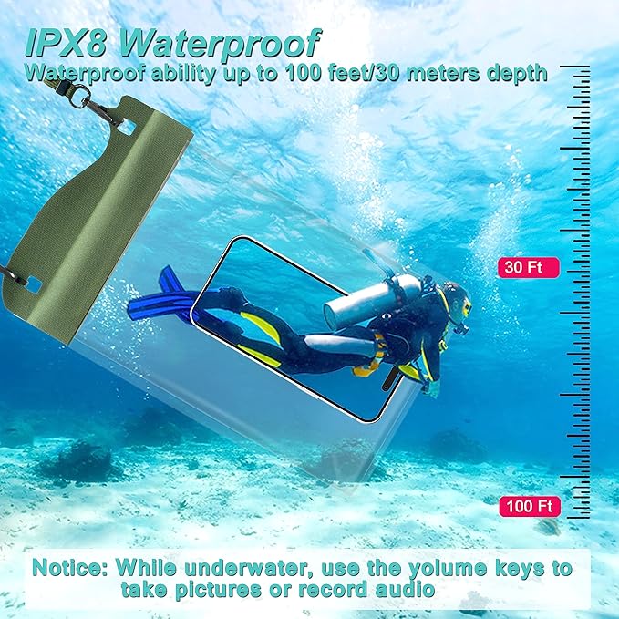 Large Watperproof Pouch 2 Pack [Up to 11.3"], IPX8 Waterproof Cell Phone Case Dry Bag Pouch Compatible with iPhone 14 13 12 Pro Max, Galaxy S23 Ultra S22 or iPad mini, Army Green+Yellow