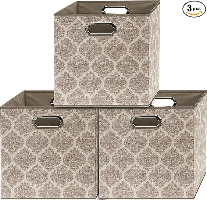 SIMPLE HOUSEWARE 13-Inch Collapsible Fabric Cube Storage Bin with Handles, Printed Design, 3 Pack, Beige