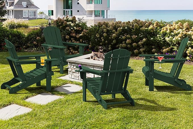 SERWALL Adirondack Chair with Cup Holders - Composite Adirondack Chairs Set of 8 HDPE Outdoor Chairs All Weather Use- Green