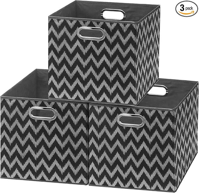 SIMPLE HOUSEWARE 13-Inch Collapsible Fabric Cube Storage Bin with Handles, Printed Design, 3 Pack, Black