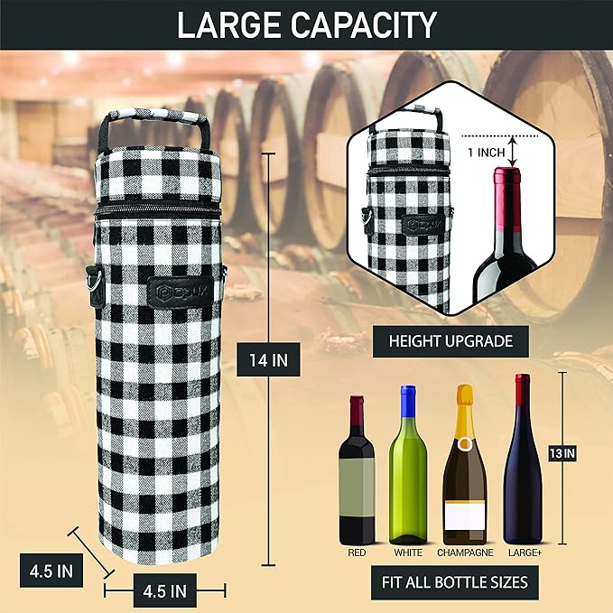 opux Wine Bag Single Bottle Carrier Tote, Insulated Wine Cooler Bag for Travel Picnic Beach with Shoulder Strap, Thermal One Bottle Holder Carrying Case Wine Gift for Women Men, Plaid Buffalo White
