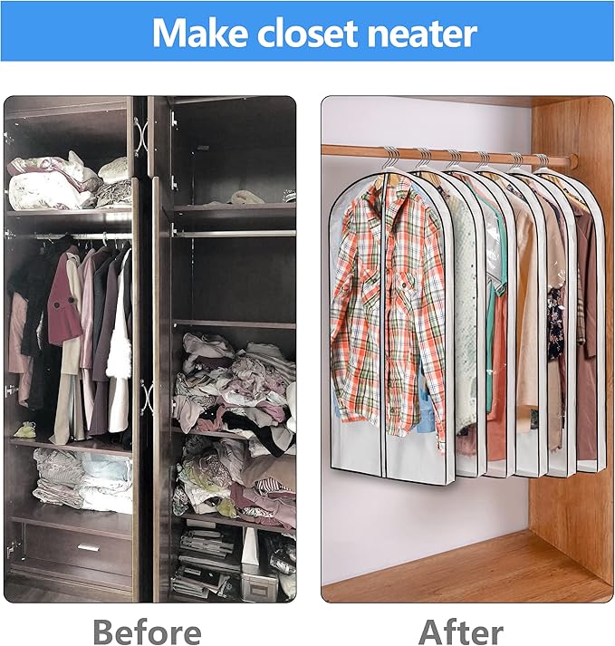 Hanging Clothes Storage with 4" Gusseted Garment Covers (Set of 6) - Clear Suit, Dress, Sweater, Shirt Protectors - 24"x 40"x 4" / 6 Pack