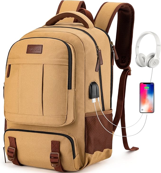 Tzowla Canvas Laptop Backpack, Bag for Men Women,Travel Work Rucksack Fits 17.3 Inch Laptop, Bookbag with USB Charging Port
