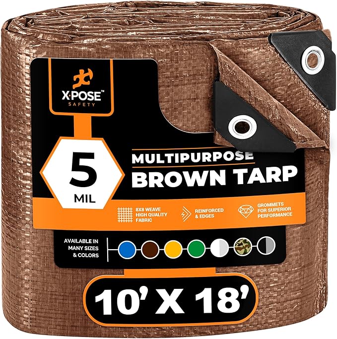 Multipurpose Protective Cover Brown Poly Tarp 10' x 18' - Durable, Water Resistant, Weather Resistant - 5 Mil Thick Polyethylene - by Xpose Safety