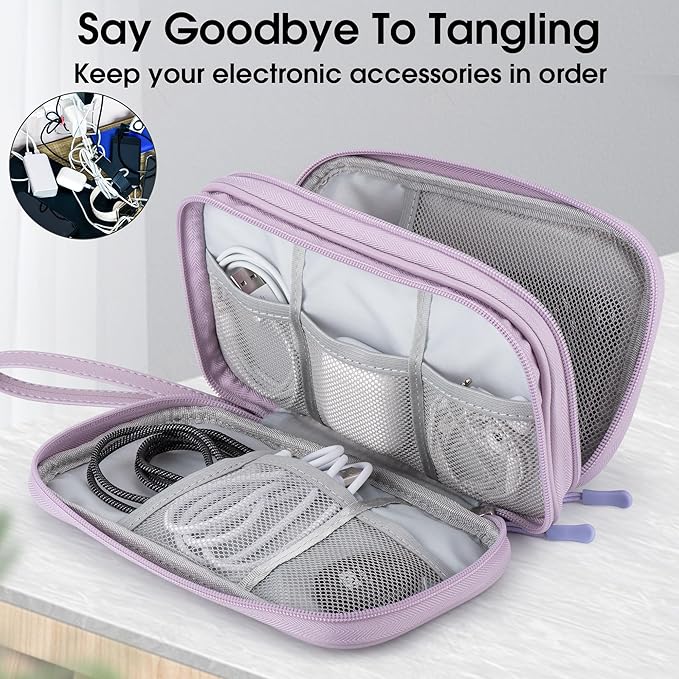 Leather Travel Electronic Organizer - Double Layer, Waterproof Case for Cables, Chargers, Phones & More - Portable, Shockproof Pouch for All Your Electronics Accessories (Light Purple, M)