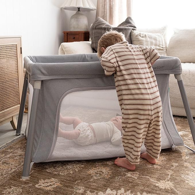 Newton Baby Compact Travel Crib & Play Yard | Breathable & Washable Mattress, Foldable Carry-On Size, Backpack Straps, Gray, Newton Bassinet Attachment NOT Compatible