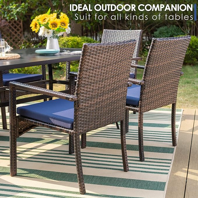 PHI VILLA 4 Pieces Patio Cushioned Rattan Chairs, Outdoor Modern PE Wicker Dining Armchair with Removable Cushions for Deck, Yard, Porch