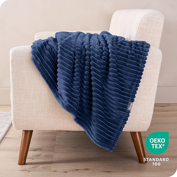 Bare Home Textured Fleece Blanket - Throw/Travel - Ultra-Soft Lightweight for Bed, Sofa, and Couch - Luxury Microplush - Cozy Warm Blanket (Throw/Travel, Ribbed Dark Blue)