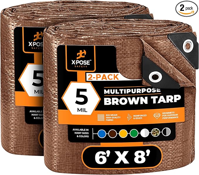 Multipurpose Protective Cover Brown Poly Tarp 6' x 8' (2-Pack) - Durable, Water Resistant, Weather Resistant - 5 Mil Thick Polyethylene - by Xpose Safety