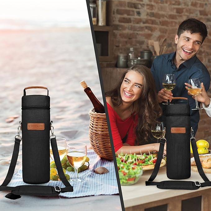 opux Wine Bag Single Bottle Carrier Tote, Insulated Wine Cooler Bag for Travel Picnic Beach with Shoulder Strap, Thermal One Bottle Holder Carrying Case Wine Gift for Women Men, Black