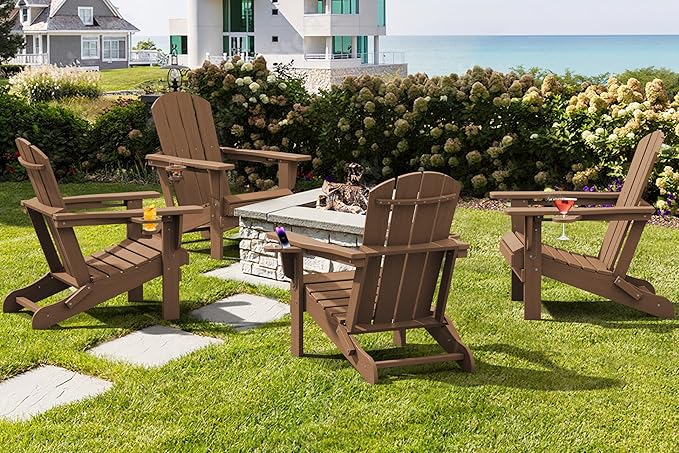 SERWALL Adirondack Chair with Cup Holders - Composite Adirondack Chairs Set of 4 HDPE Outdoor Chairs All Weather Use- Brown