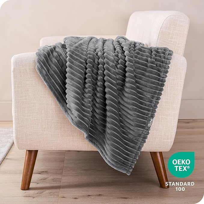 Bare Home Textured Fleece Blanket - King Size - Ultra-Soft Lightweight for Bed, Sofa, and Couch - Luxury Microplush - Cozy Warm Blanket (King, Ribbed Grey)