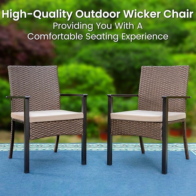 PHI VILLA Outdoor Wicker Chairs Set of 4, Rattan Covered Metal Armchairs with Removable Cushion, Heavy Duty Furniture Set for Patio, Deck, Porch, Yard