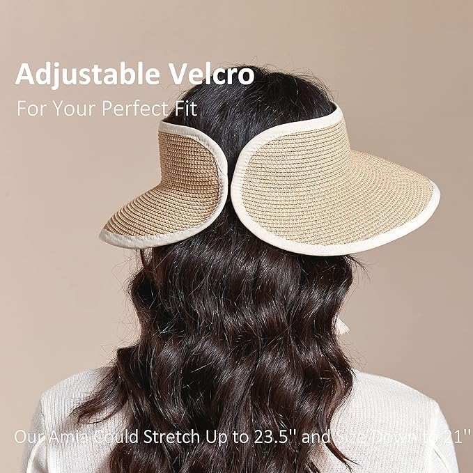 Joywant Womens Sun Visor Hats, Packable Wide Brim Ponytail Beach Hat Straw Visor Summer Beach Vacation Essentials for Womens