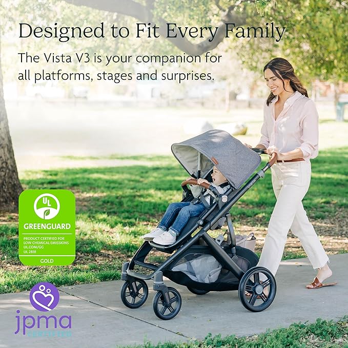 UPPAbaby Vista V3 Stroller - Full-Size Single-to-Double Stroller System - Toddler Seat, Bug Shield, Rain Shield, and Storage Bag Included - Declan (Oat Mélange/Silver Frame/Chestnut Leather)
