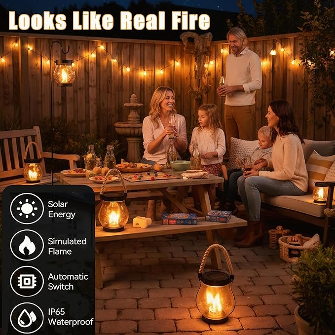 Kaliqo Solar Lantern Outdoor Lights Solar Lantern Waterproof Flickering Flame Hanging Lanterns for Patio Yard Garden Decor (2 Pcs)