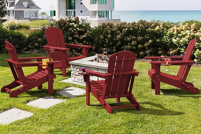 SERWALL Adirondack Chair with Cup Holders - Composite Adirondack Chairs Set of 6 HDPE Outdoor Chairs All Weather Use- Dark Red