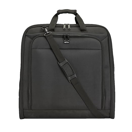 Amazon Basics 46" Premium Garment Bag for Travel, Suit Bag with Shoulder Strap for Suits and Dresses, 1680D Polyester Fabric, Exterior/Interior Pockets, Leather-reinforced Corners, Trifold, Black