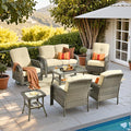 HOOOWOOO Patio Furniture Set,7 Pieces Outdoor Conversation Set,All Weather Wicker Loveseat Sofa Set with High Back Swivel Rocking Chairs Tables,Beige