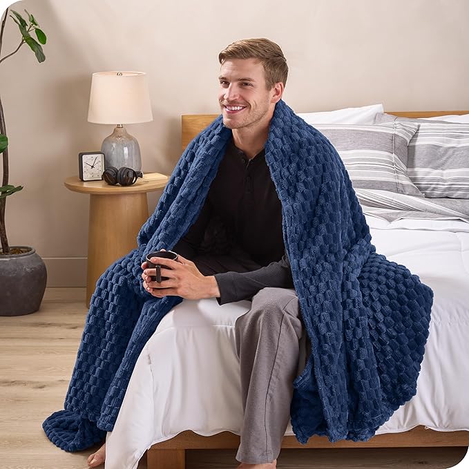 Bare Home Textured Fleece Blanket - King Size - Ultra-Soft Lightweight for Bed, Sofa, and Couch - Luxury Microplush - Cozy Warm Blanket (King, Waffle Dark Blue)