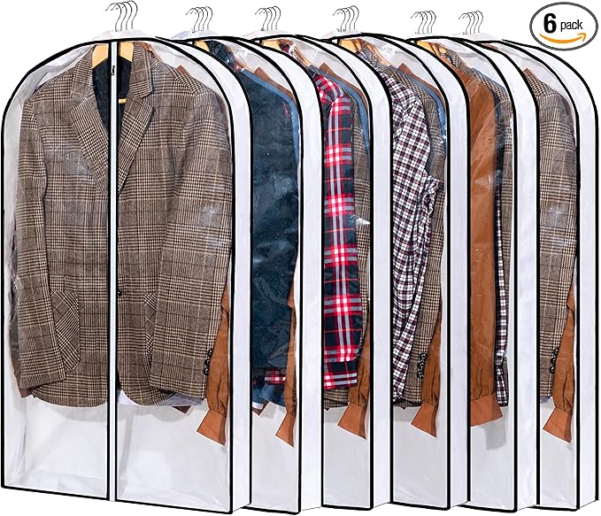 Hanging Clothes Storage with 4" Gusseted Garment Covers (Set of 6) - Clear Suit, Dress, Sweater, Shirt Protectors - 24"x 40"x 4" / 6 Pack