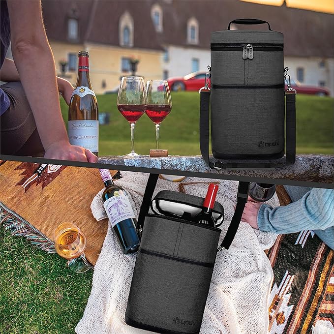 opux 2 Bottle Wine Carrier Tote, Insulated Leakproof Wine Cooler Bag, Wine Travel Bag for Picnic BYOB Beach, Portable Wine Bottle Carrying Case, Gift for Wine Lover Women Men Christmas, Charcoal Grey