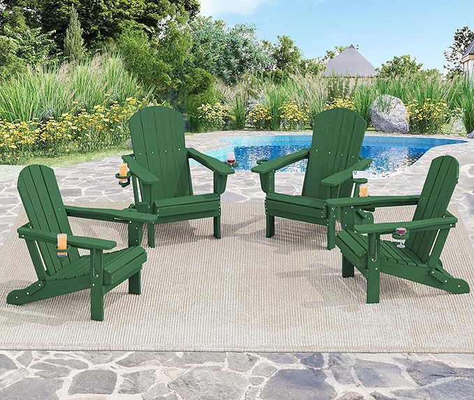 SERWALL Adirondack Chair with Cup Holders - Composite Adirondack Chairs Set of 6 HDPE Outdoor Chairs All Weather Use- Green