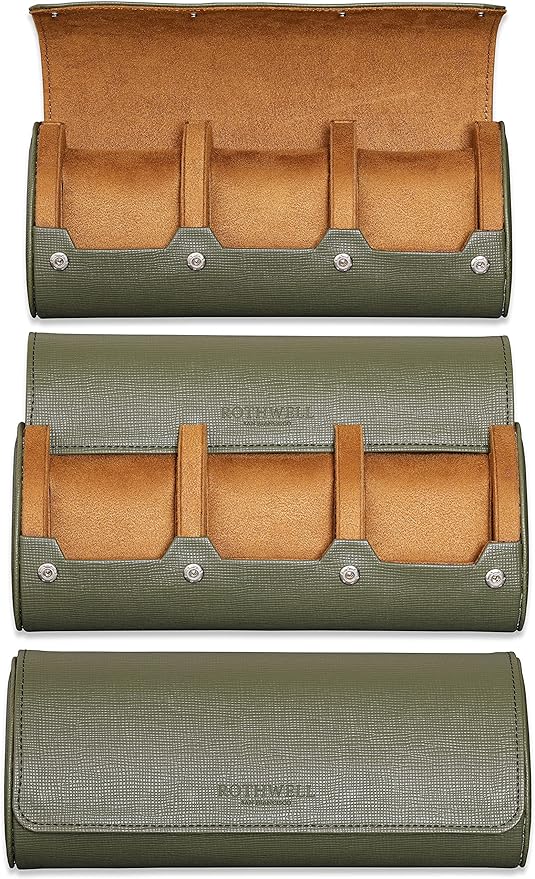 ROTHWELL Watch Roll Travel Case for 3 Watches | Tough Portable Protection, Fits All Wrist Watch & Smart Watches Up to 50mm (Green/Tan)
