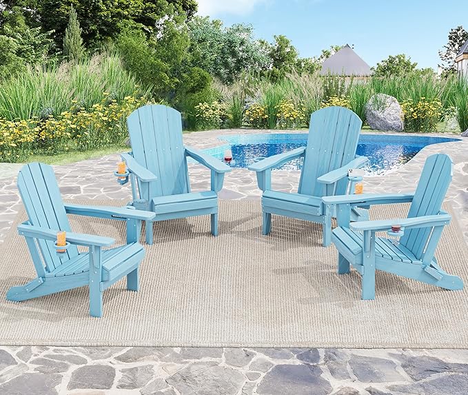 SERWALL Adirondack Chair with Cup Holders - Composite Adirondack Chairs HDPE Outdoor Chairs All Weather Use- Light Blue