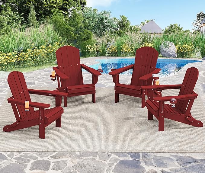 SERWALL Adirondack Chair with Cup Holders - Composite Adirondack Chairs Set of 8 HDPE Outdoor Chairs All Weather Use- Dark Red