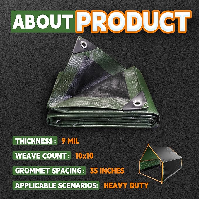 12x12 Feet Tarp Waterproof,9Mil Thick,Finished Size Tarps,UV Resistant,Durable,Multipurpose Poly Tarp Cover with Metal Grommets and Reinforced Edges,Green/Black by RAINDEWAY