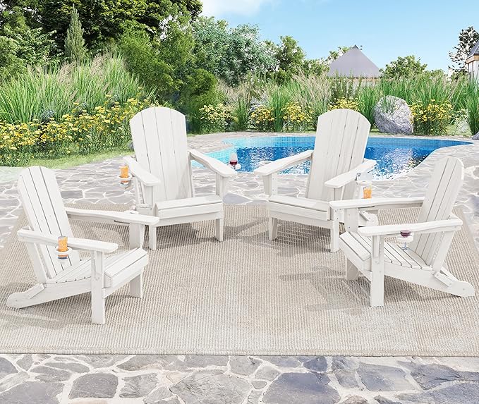 SERWALL Adirondack Chair with Cup Holders - Composite Adirondack Chairs Set of 2 HDPE Outdoor Chairs All Weather Use- White
