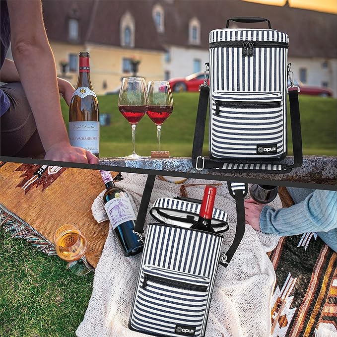 opux Wine Bag 2 Bottle Wine Tote Carrier, Insulated Wine Cooler Bag for Travel Picnic, Leakproof Portable Padded Case, Wine Gifts For Women Men Wine Lovers Christmas, Navy White Stripes