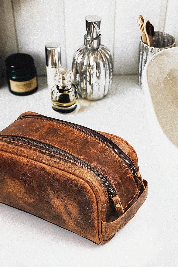 10" Premium Leather Toiletry Travel Pouch With Waterproof Lining | King-Size Handcrafted Vintage Dopp - Kit ~ Gift for Father's Day By Aaron Leather Goods (Copper)